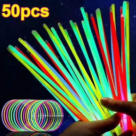 ✨ 10–50Pcs Fluorescence Sticks – Multicolor Glowing Sticks 🌈 Bright Colorful Light • 🔄 Bendable Glow Bracelets 🥳 Perfect for Parties & Night Events