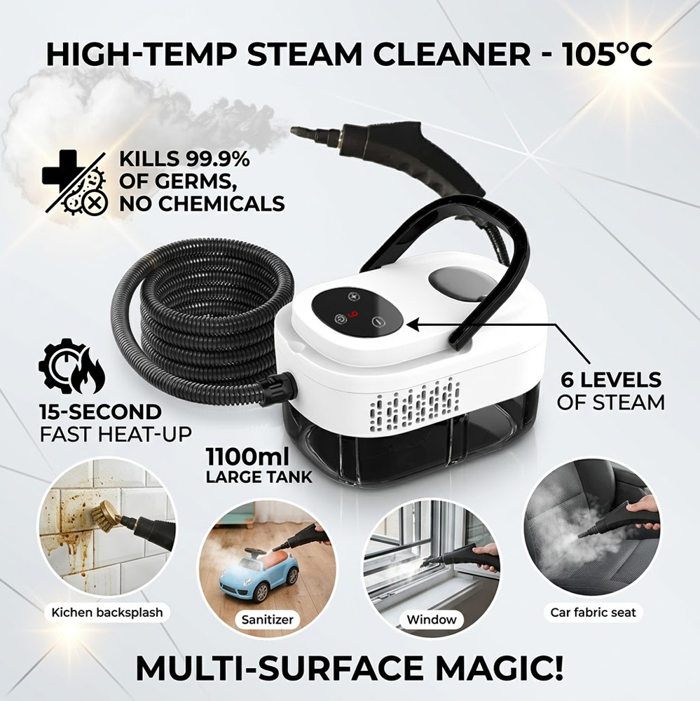 🥳2026 HOT SALE🥳💞50K+ SOLD!📢⏰ 50% OFF! High‑Temp Steam Cleaner – 105°C steam, 15s heat‑up. Kills 99.9% germs, no chemicals. 6 levels, large 1100ml tank. Multi‑surface magic! 🔥✨